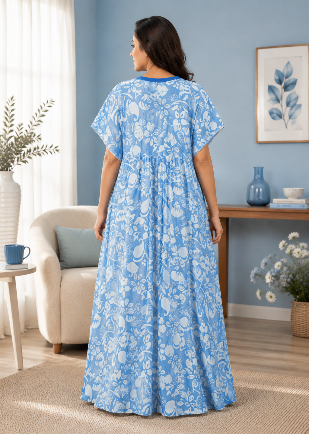 Light Blue Abstract Botanical Kaftan Nightgown