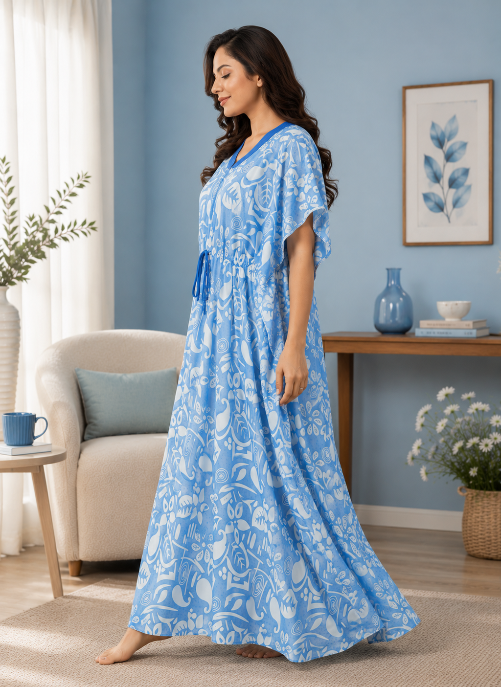 Light Blue Abstract Botanical Kaftan Nightgown