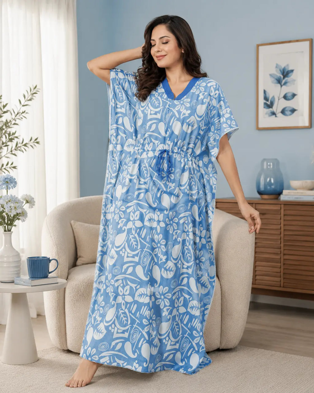 Light Blue Abstract Botanical Kaftan Nightgown