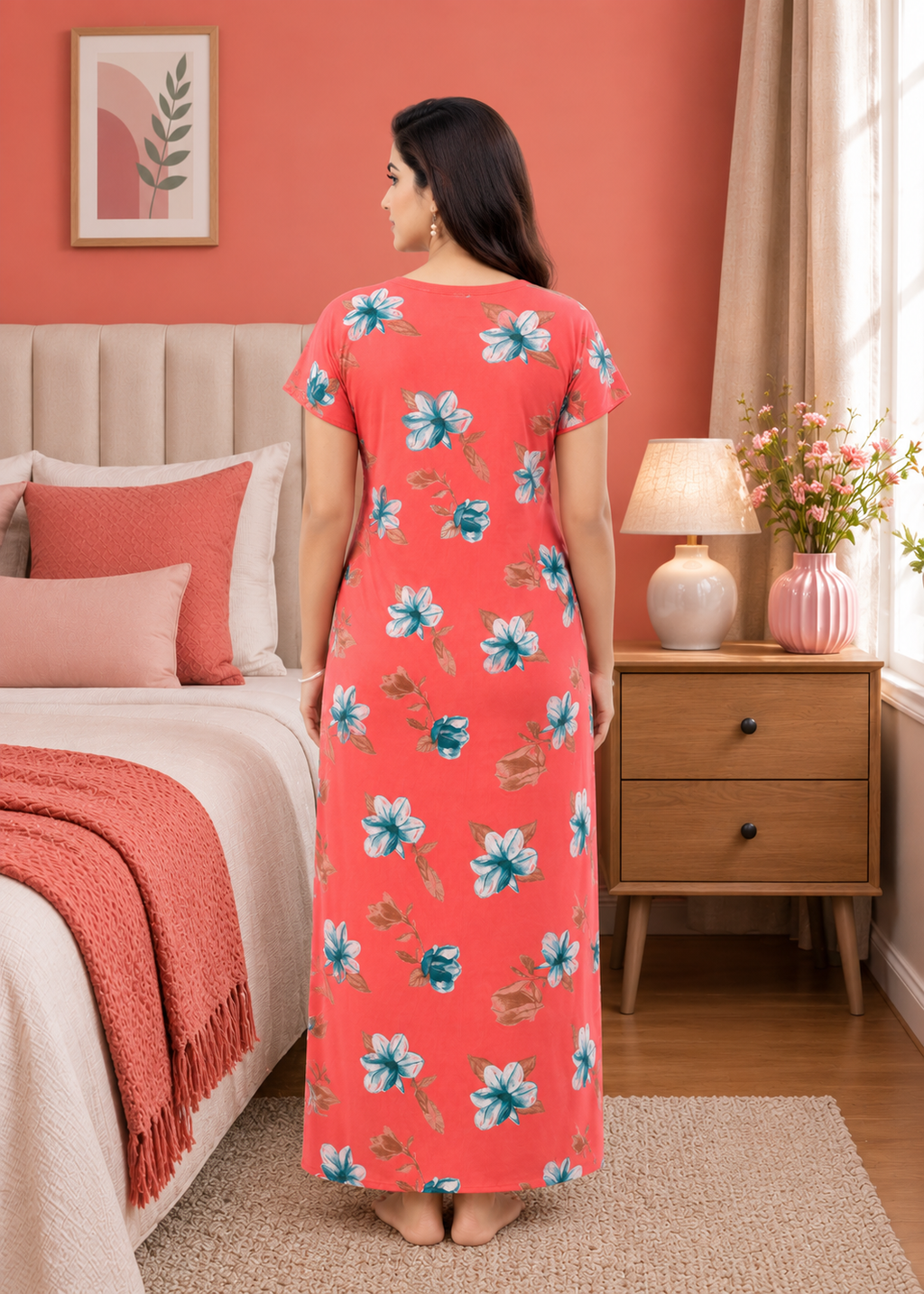 Coral Floral Printed Alpine Gown