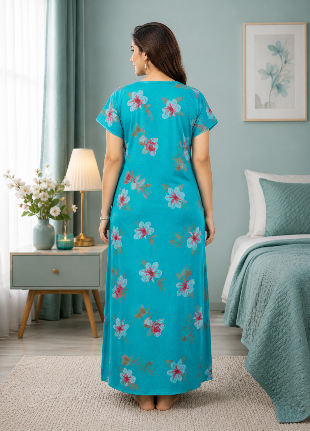 Turquoise Floral Printed Alpine Gown