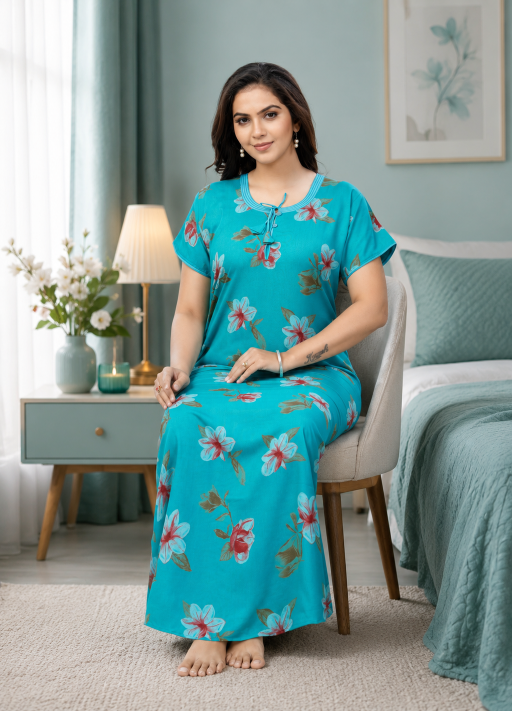 Turquoise Floral Printed Alpine Gown