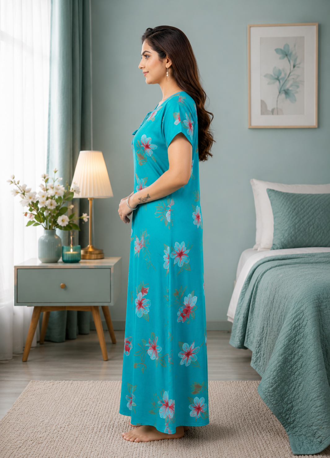 Turquoise Floral Printed Alpine Gown