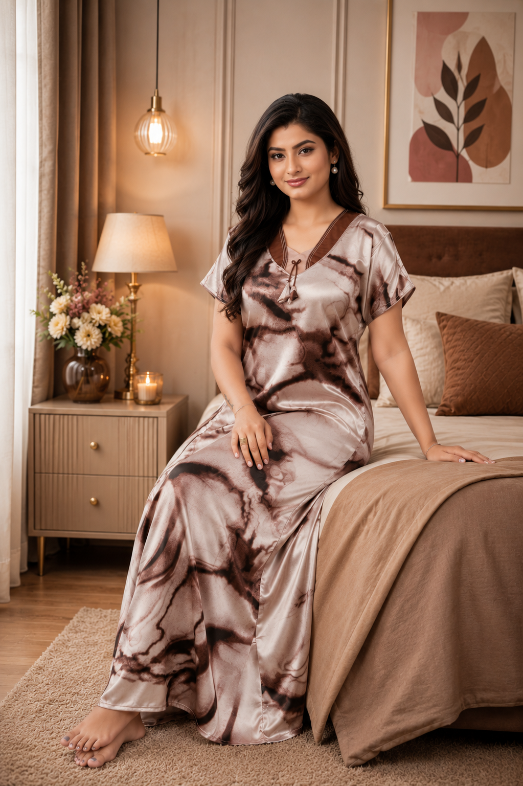 Beige Marble Satin Nightgown