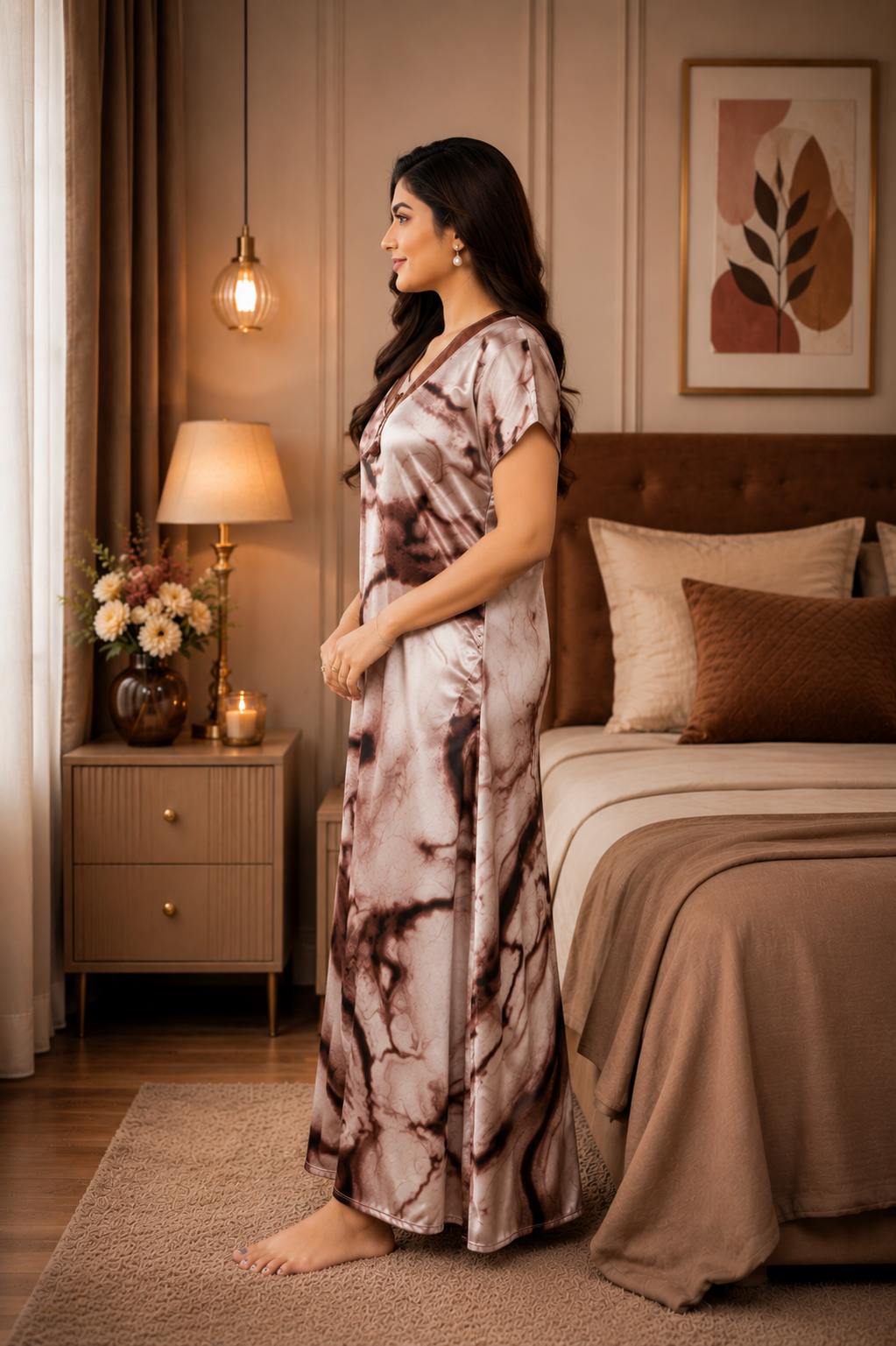 Beige Marble Satin Nightgown