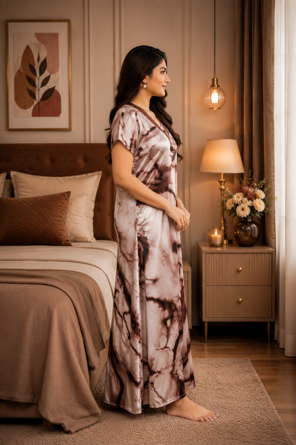 Beige Marble Satin Nightgown