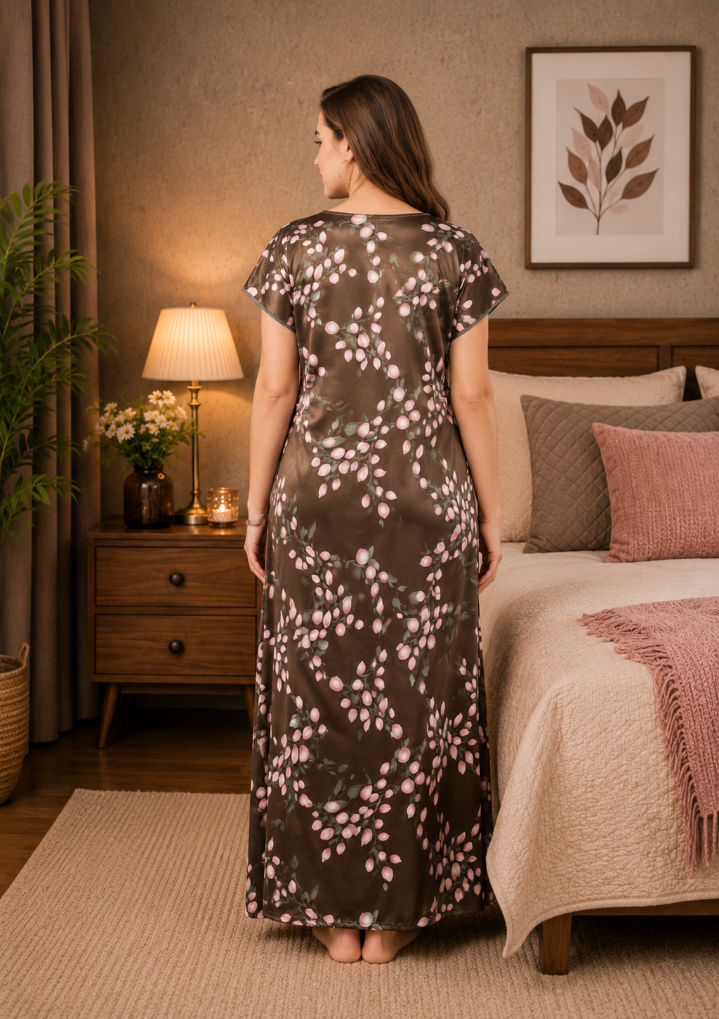 Brown Floral Satin Nightgown