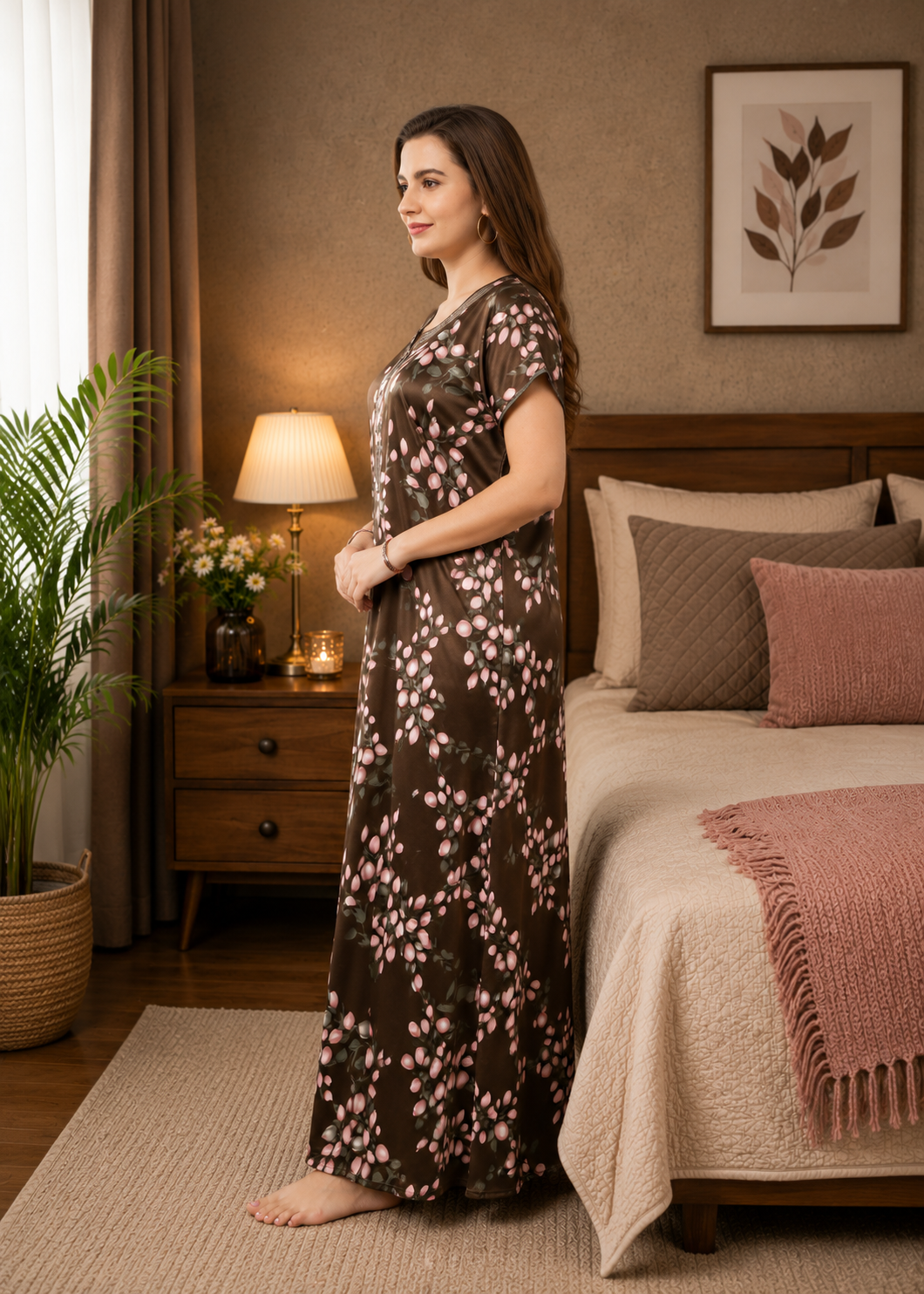 Brown Floral Satin Nightgown