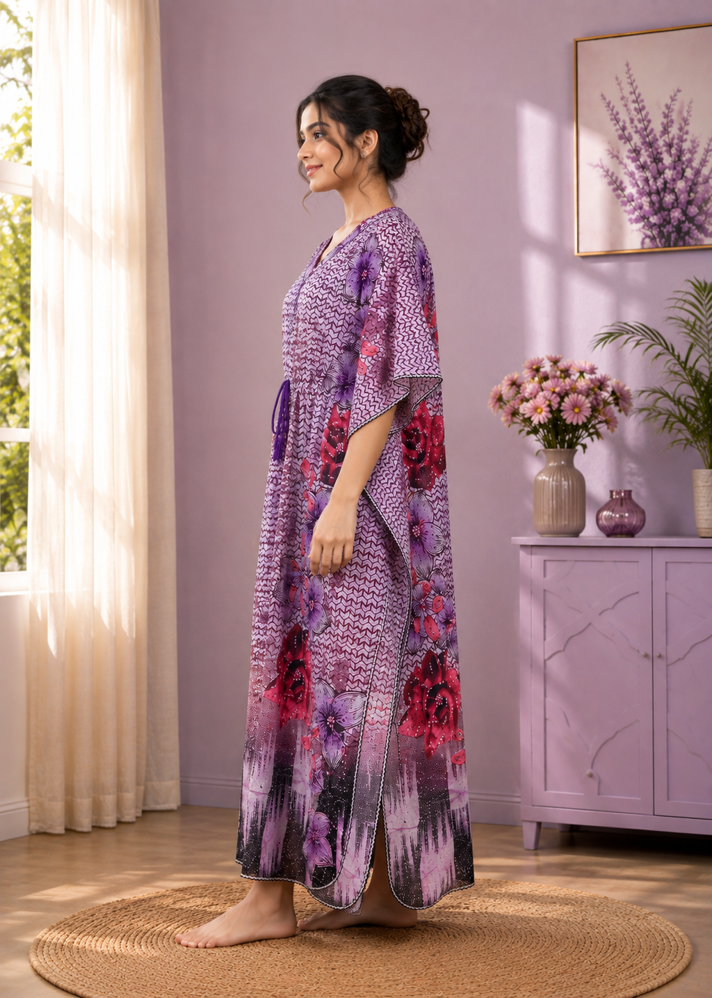 A woman wearing a purple floral print kaftan robe stands barefoot in a bedroom with lavender bedding and a matching nightstand.