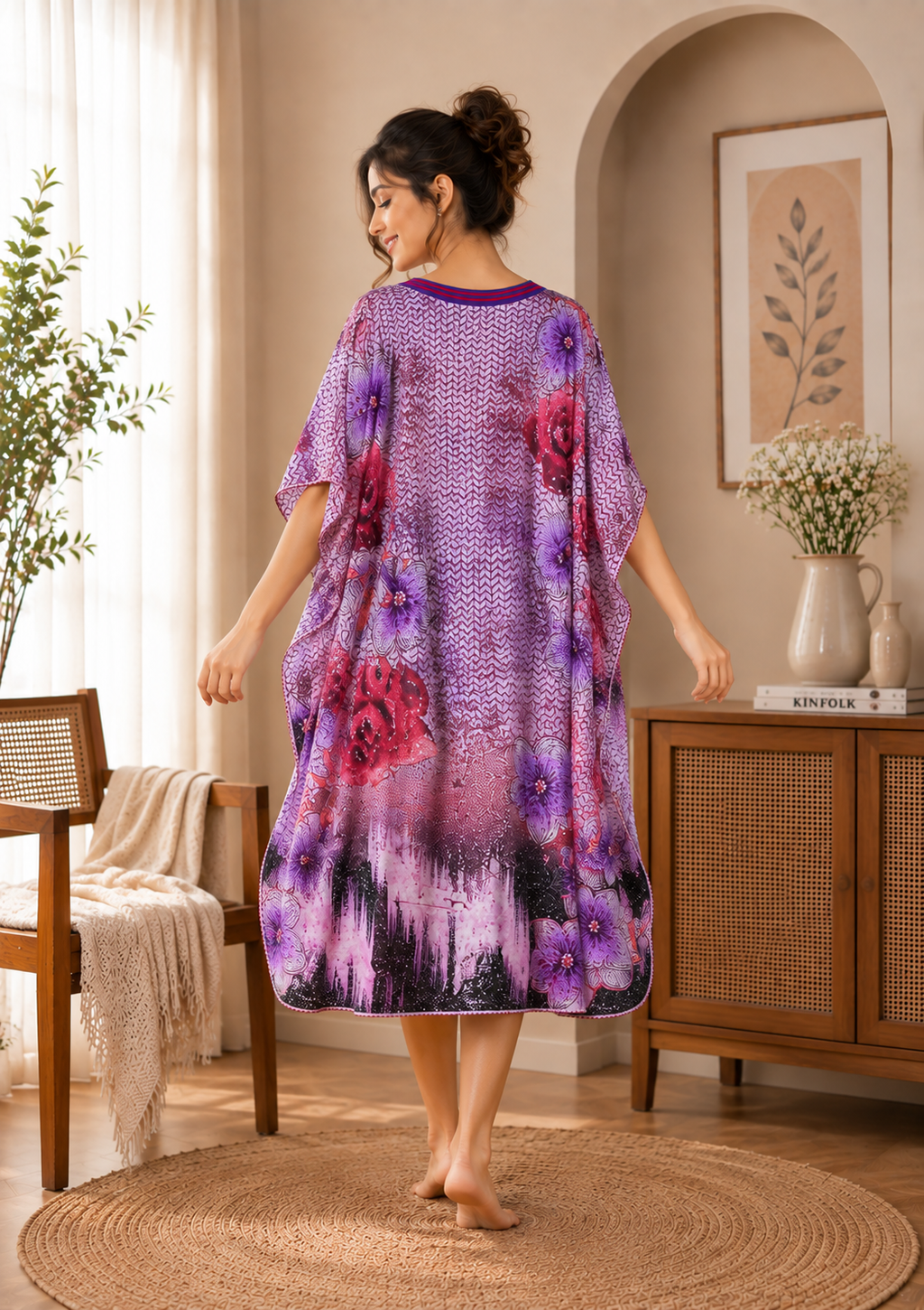 Purple Floral Short Kaftan Nightgown