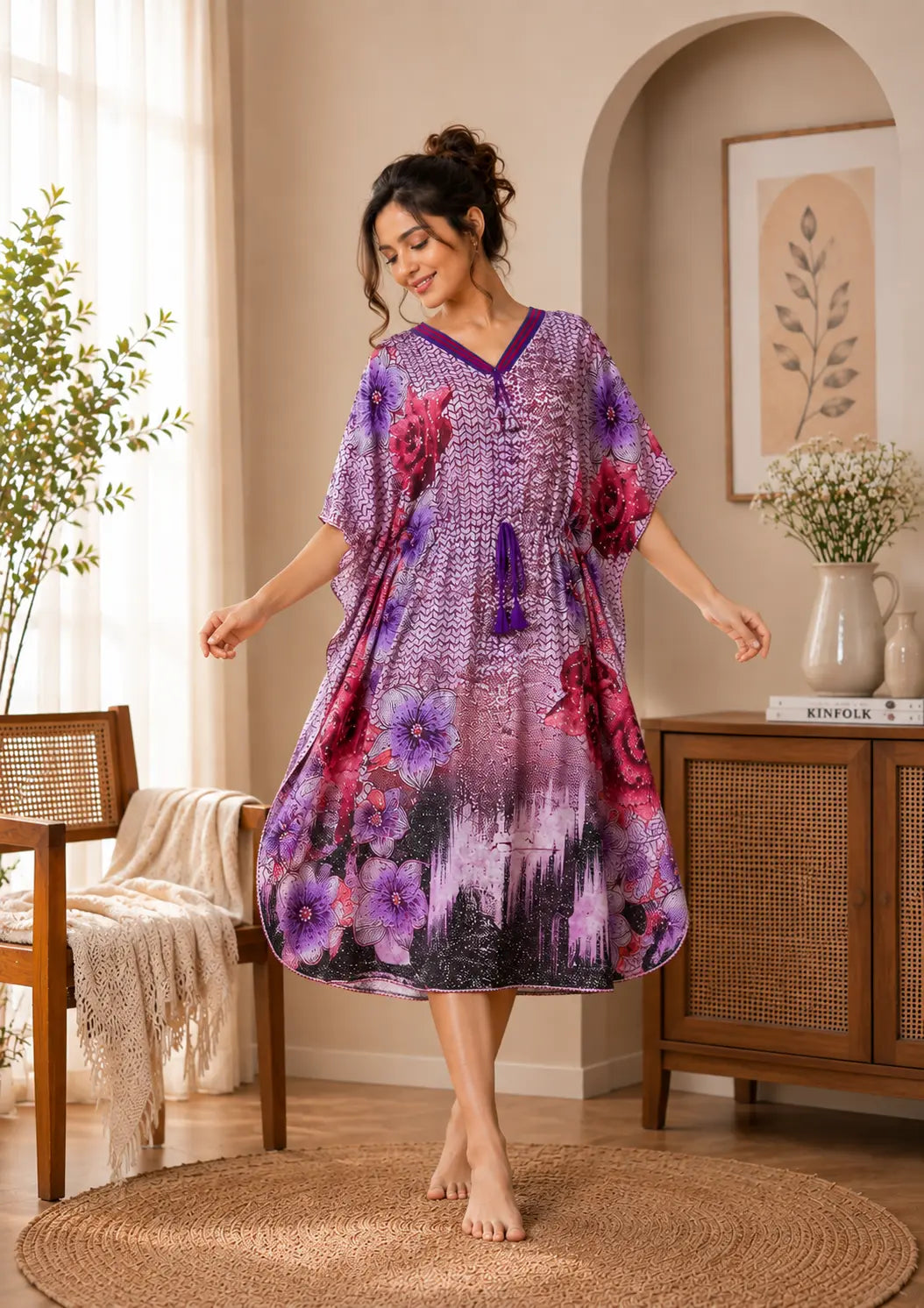 Purple Floral Short Kaftan Nightgown