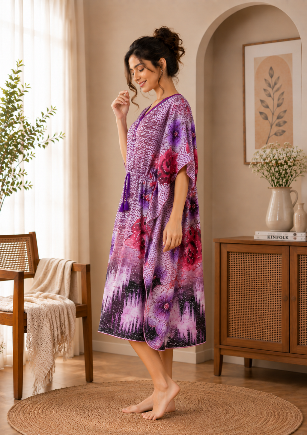 Purple Floral Short Kaftan Nightgown