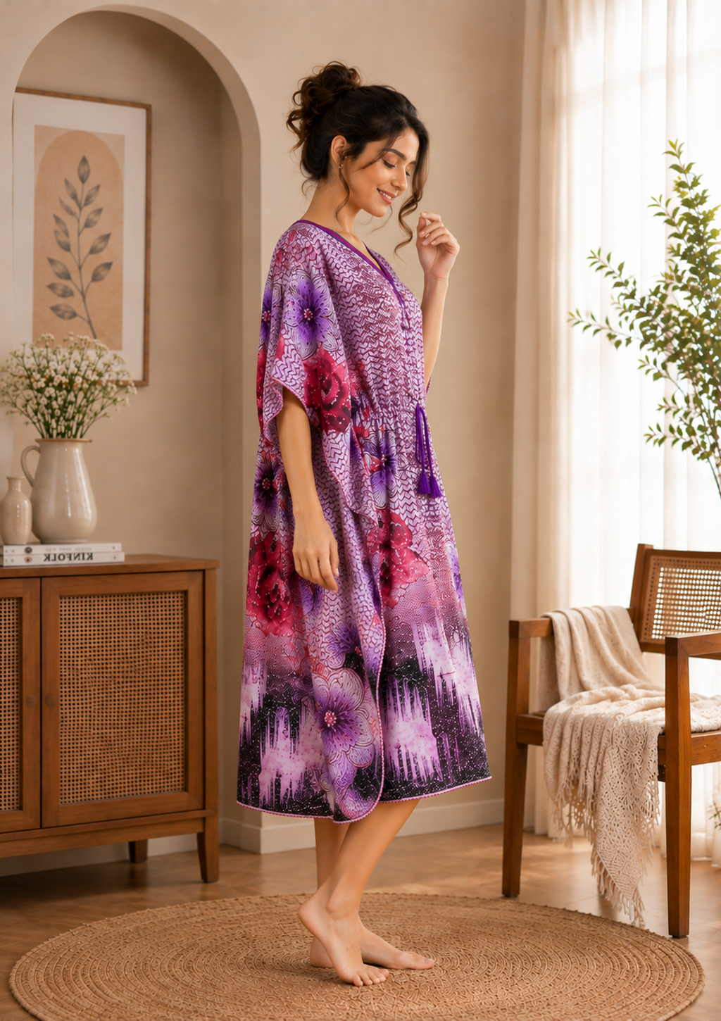 A woman wearing a purple and pink floral kaftan dress stands barefoot on a round woven rug in a warm, neutral-toned room with a wooden chair and cabinet.