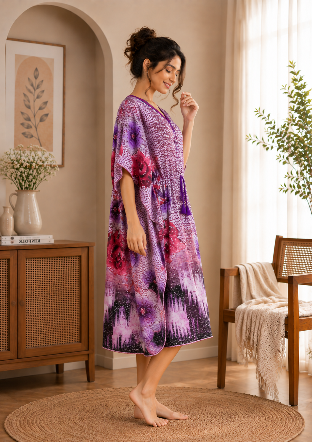 A woman wearing a purple and pink floral kaftan dress stands barefoot on a round woven rug in a warm, neutral-toned room with a wooden chair and cabinet.