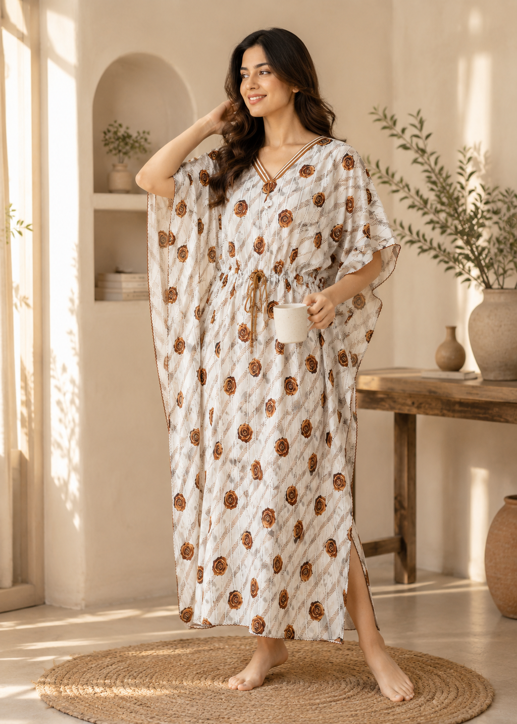 Cream Floral Rose Kaftan Nighty