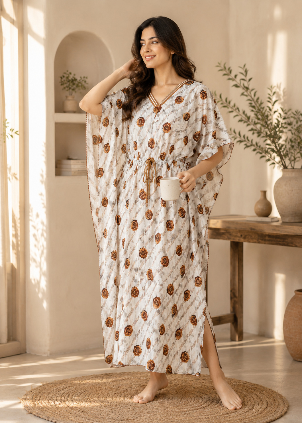 Cream Floral Rose Kaftan Nighty