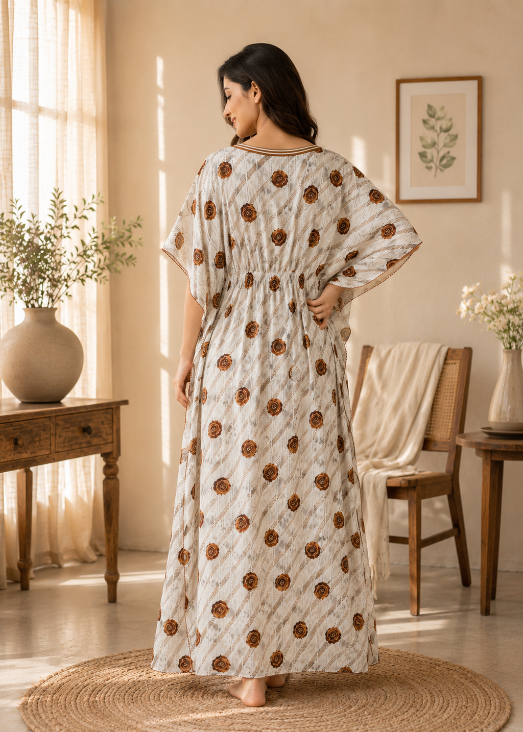 Cream Floral Rose Kaftan Nighty
