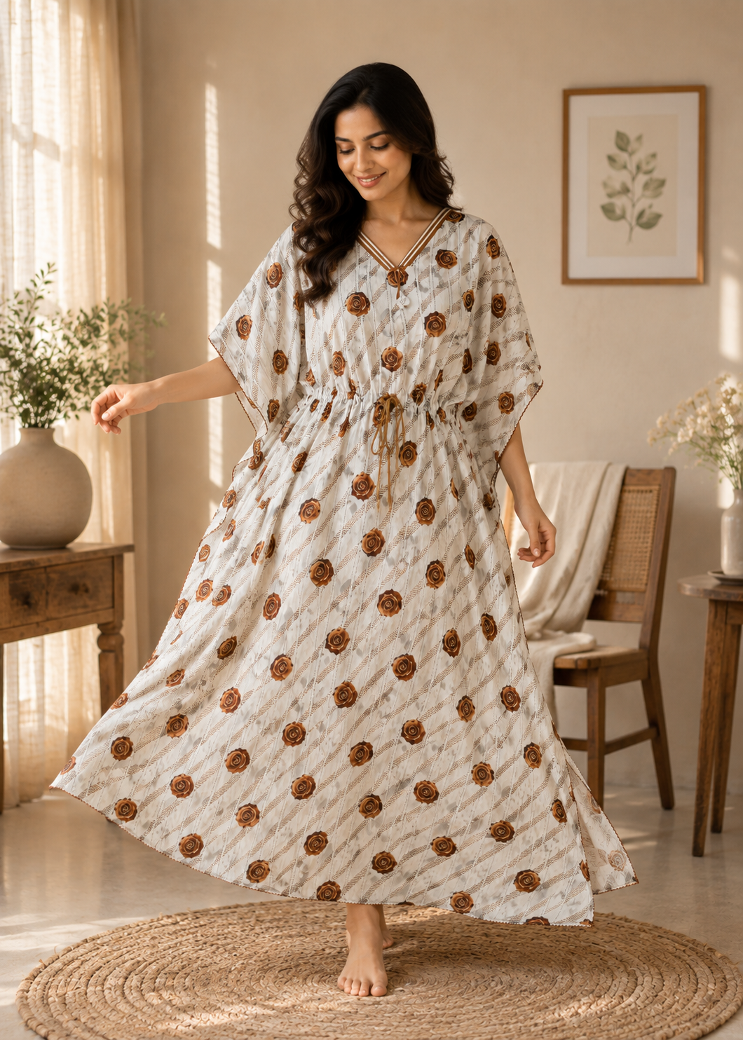 Cream Floral Rose Kaftan Nighty