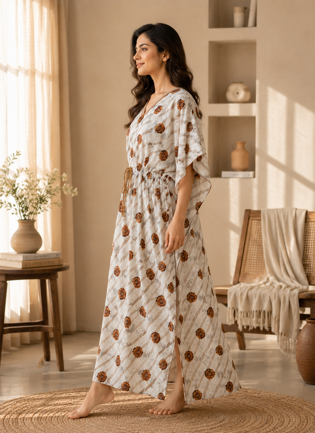 Cream Floral Rose Kaftan Nighty