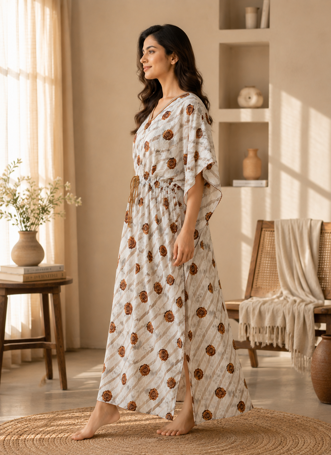 Cream Floral Rose Kaftan Nighty