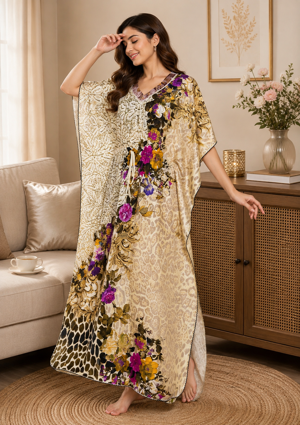 Leopard Baroque Floral Kaftan Nighty
