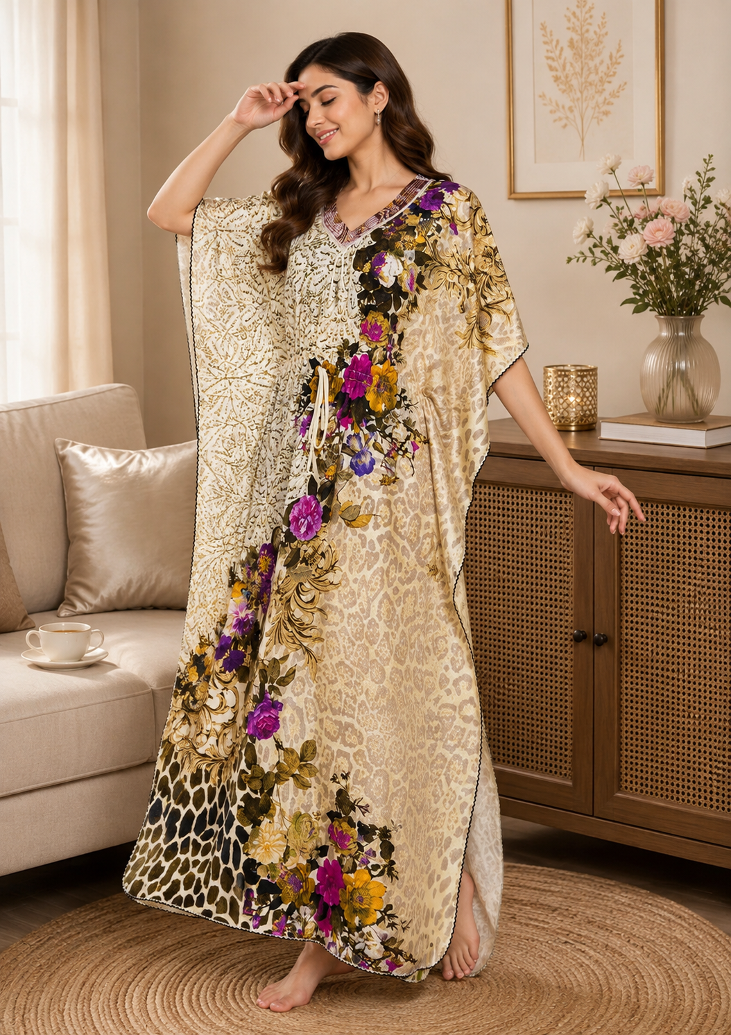 Leopard Baroque Floral Kaftan Nighty