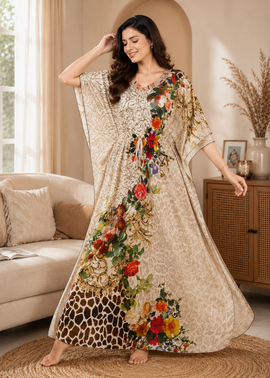 Leopard Baroque Red Floral Kaftan Nighty