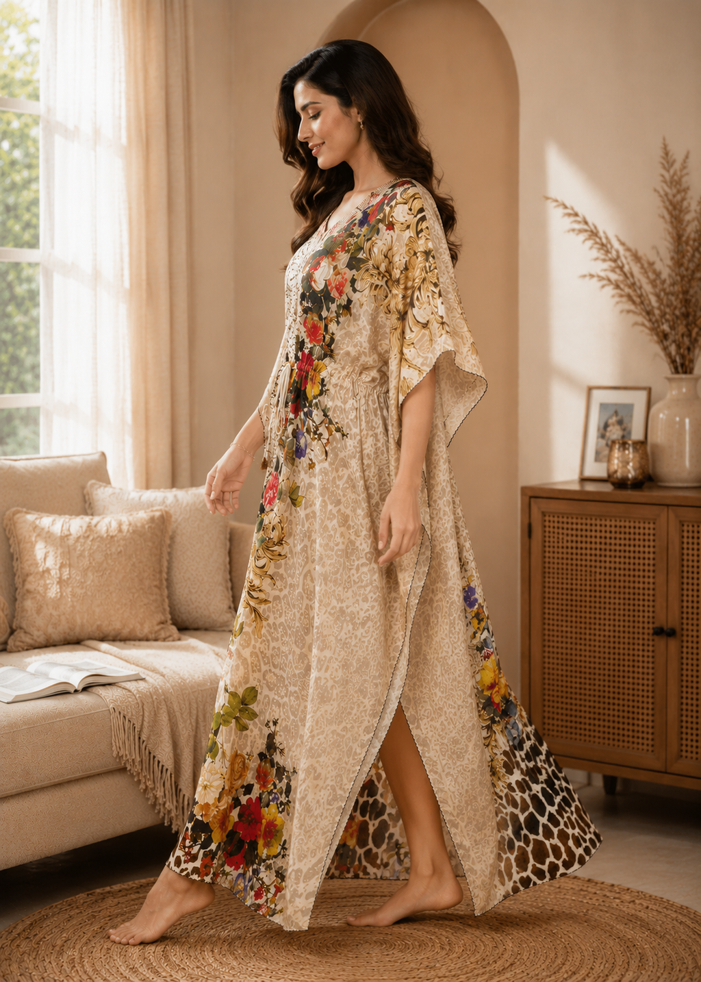 Leopard Baroque Red Floral Kaftan Nighty