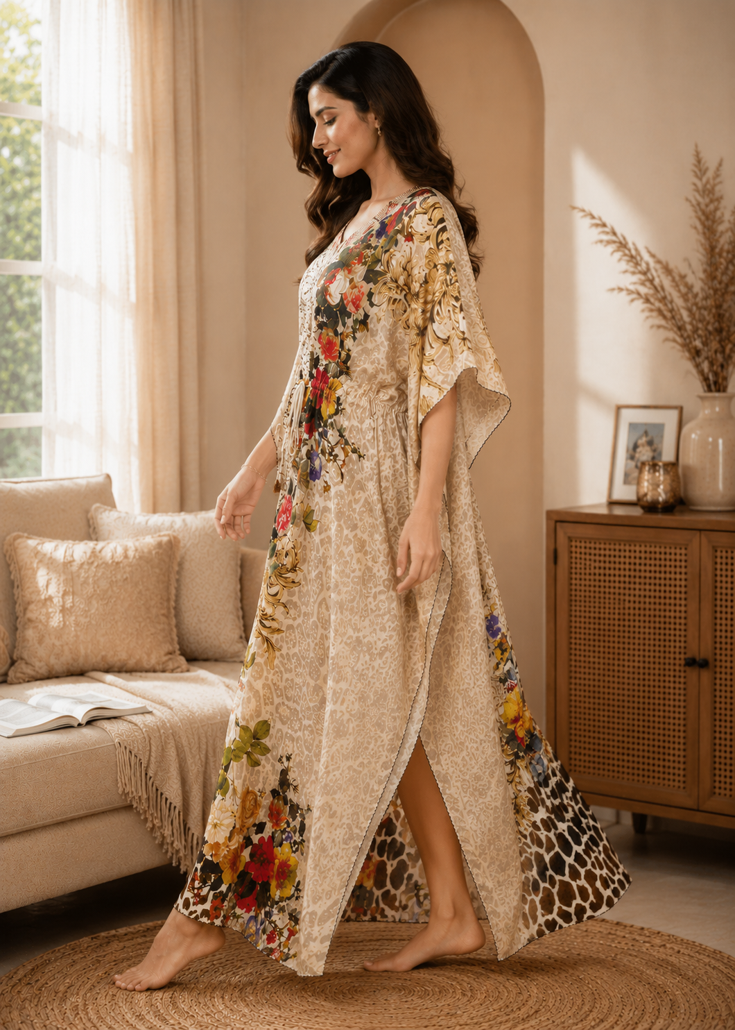 Leopard Baroque Red Floral Kaftan Nighty