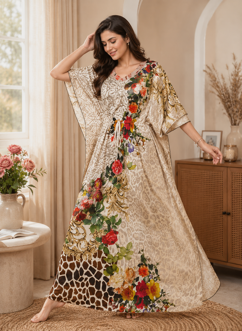 Leopard Baroque Red Floral Kaftan Nighty