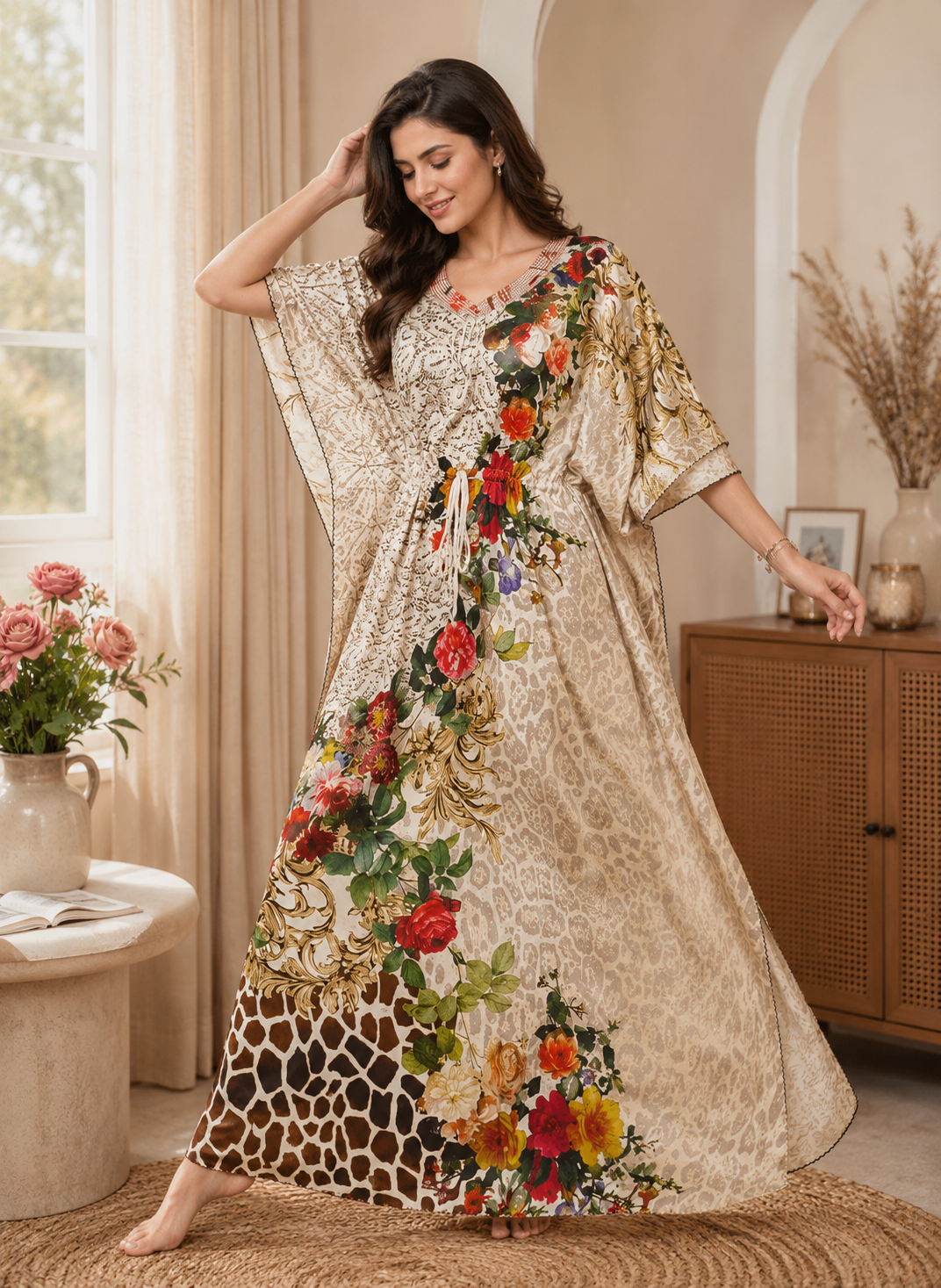 Leopard Baroque Red Floral Kaftan Nighty