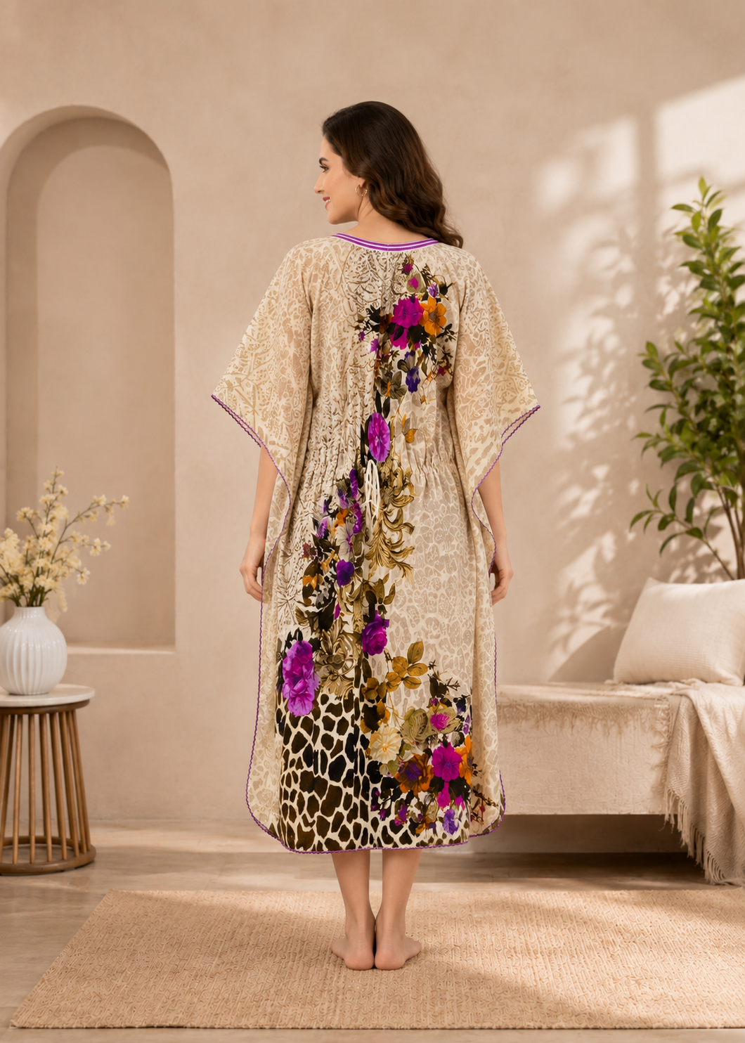 Beige Animal Floral Print Short Kaftan Nightgown