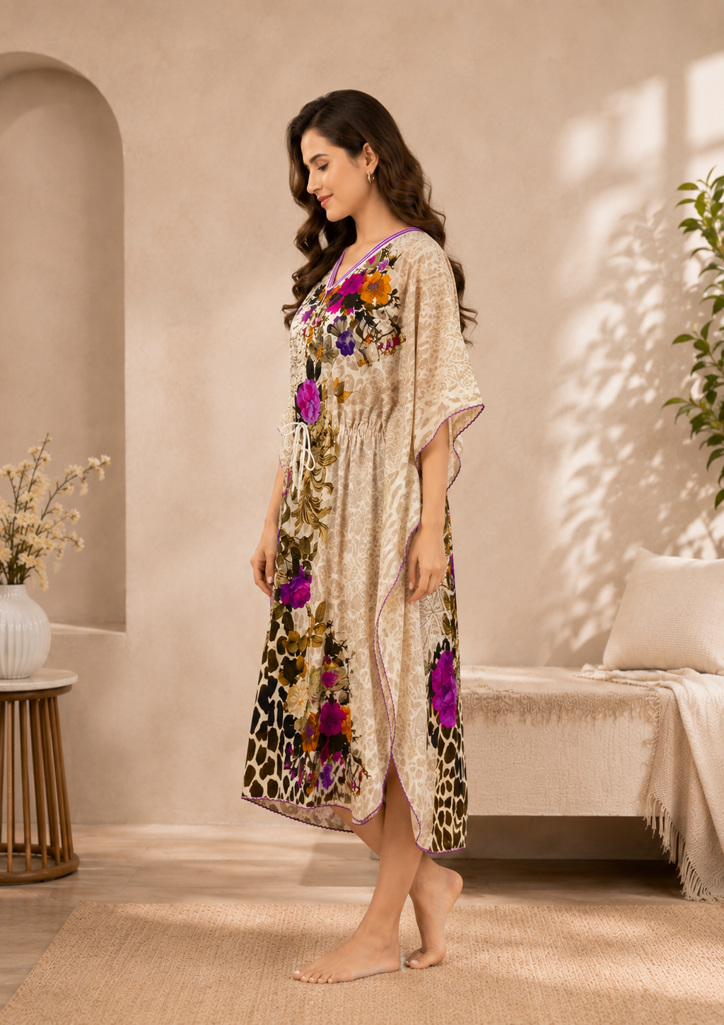 Beige Animal Floral Print Short Kaftan Nightgown