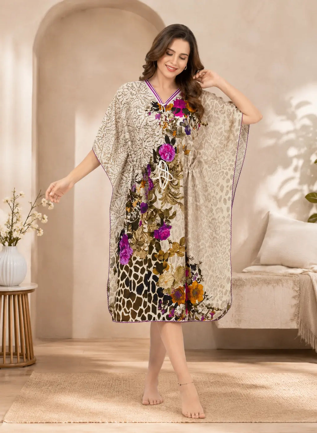 Beige Animal Floral Print Short Kaftan Nightgown