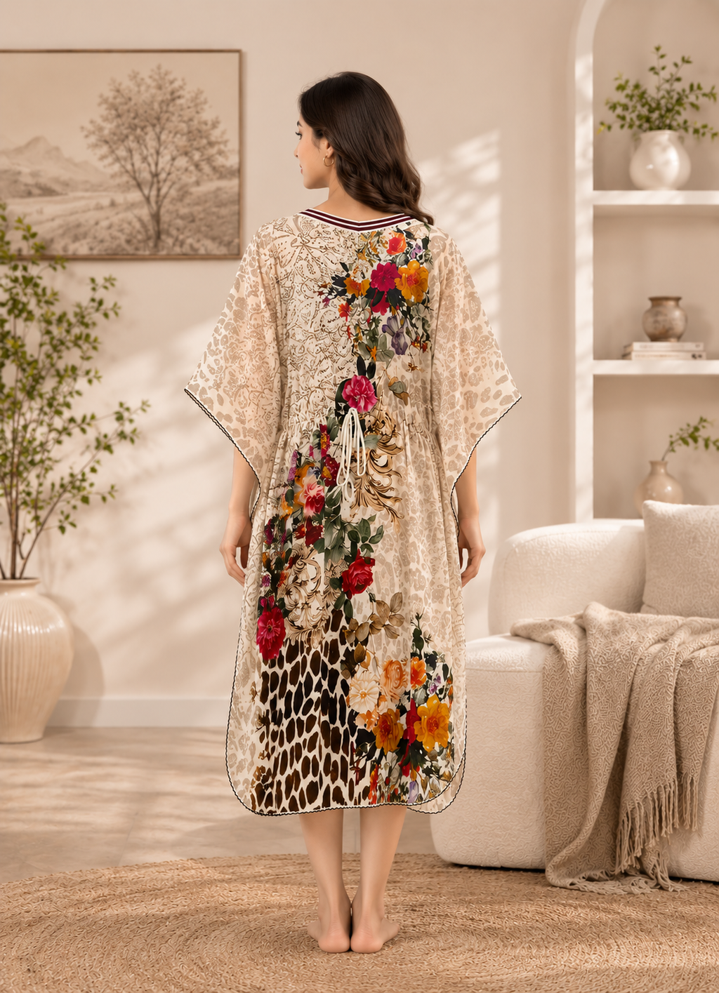 Cream Animal and Floral Short Kaftan Nightgown
