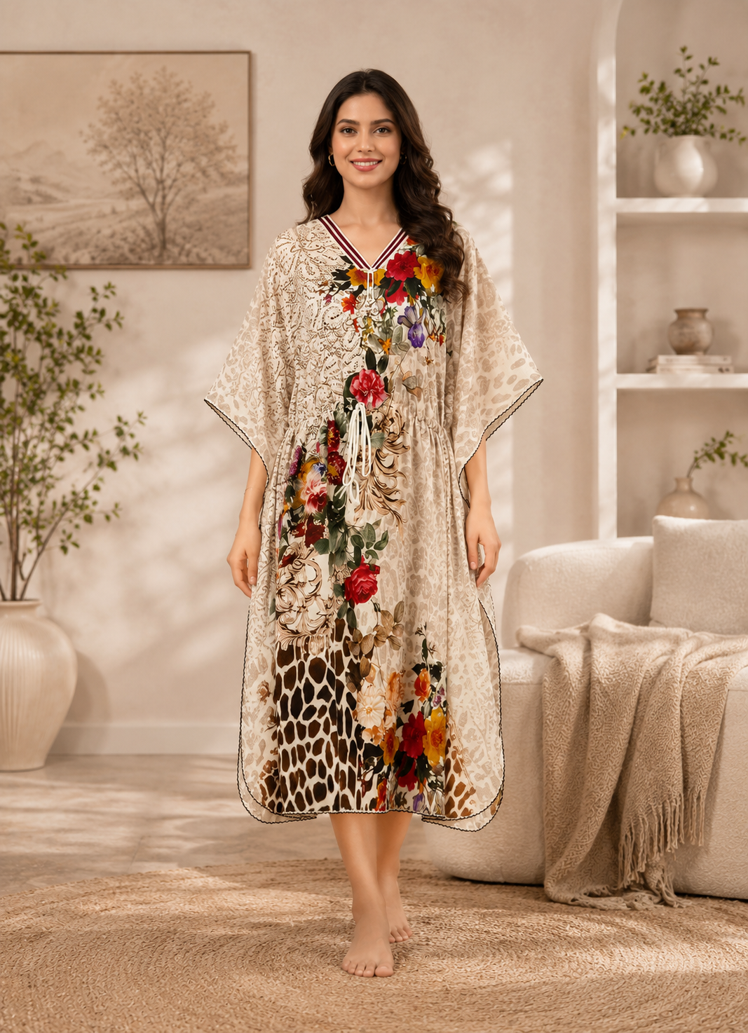 Cream Animal and Floral Short Kaftan Nightgown