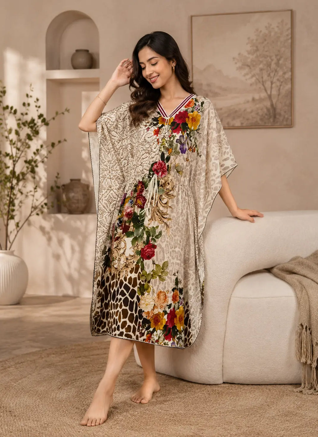 Cream Animal and Floral Short Kaftan Nightgown