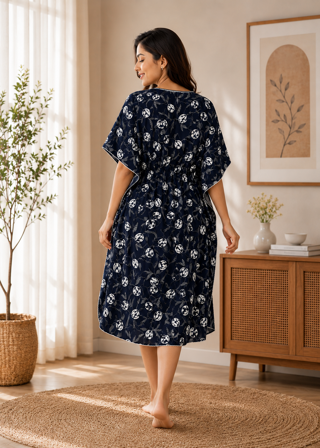 Navy Blue Floral Short Kaftan Nightgown