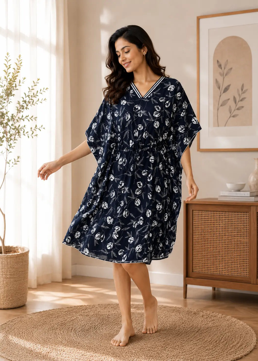 A woman modeling a navy blue kaftan dress with a white floral pattern in a warm, sunlit room with a wooden cabinet and framed art.