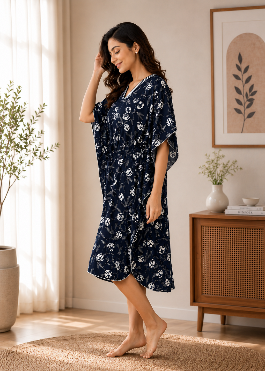 A woman stands barefoot in a sunlit room wearing a loose navy kaftan-style nightgown or robe with a white floral print. The setting includes a window with sheer curtains, a wooden cabinet, framed wall art, and a rug.