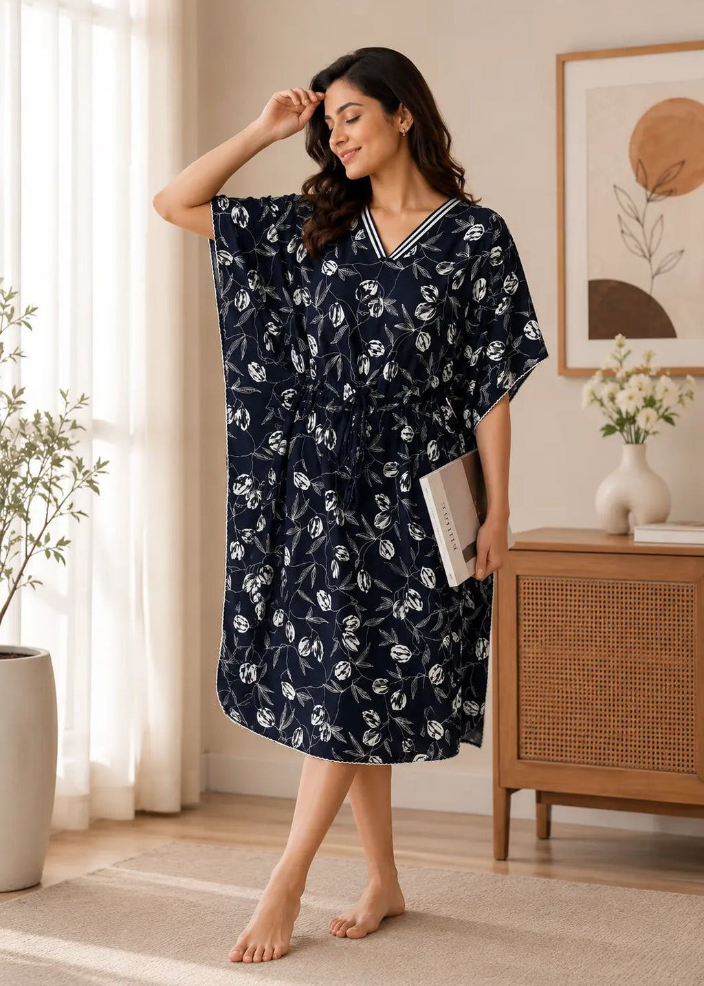 Navy Blue Floral Short Kaftan Nightgown