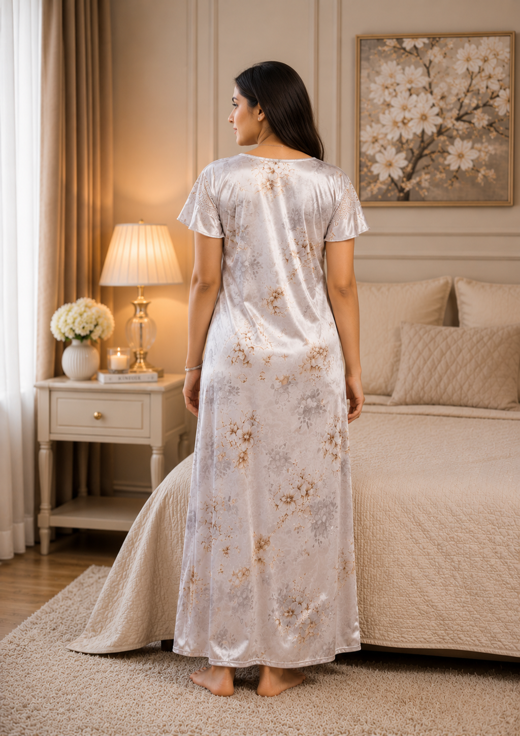 Silver Floral Satin Nightgown