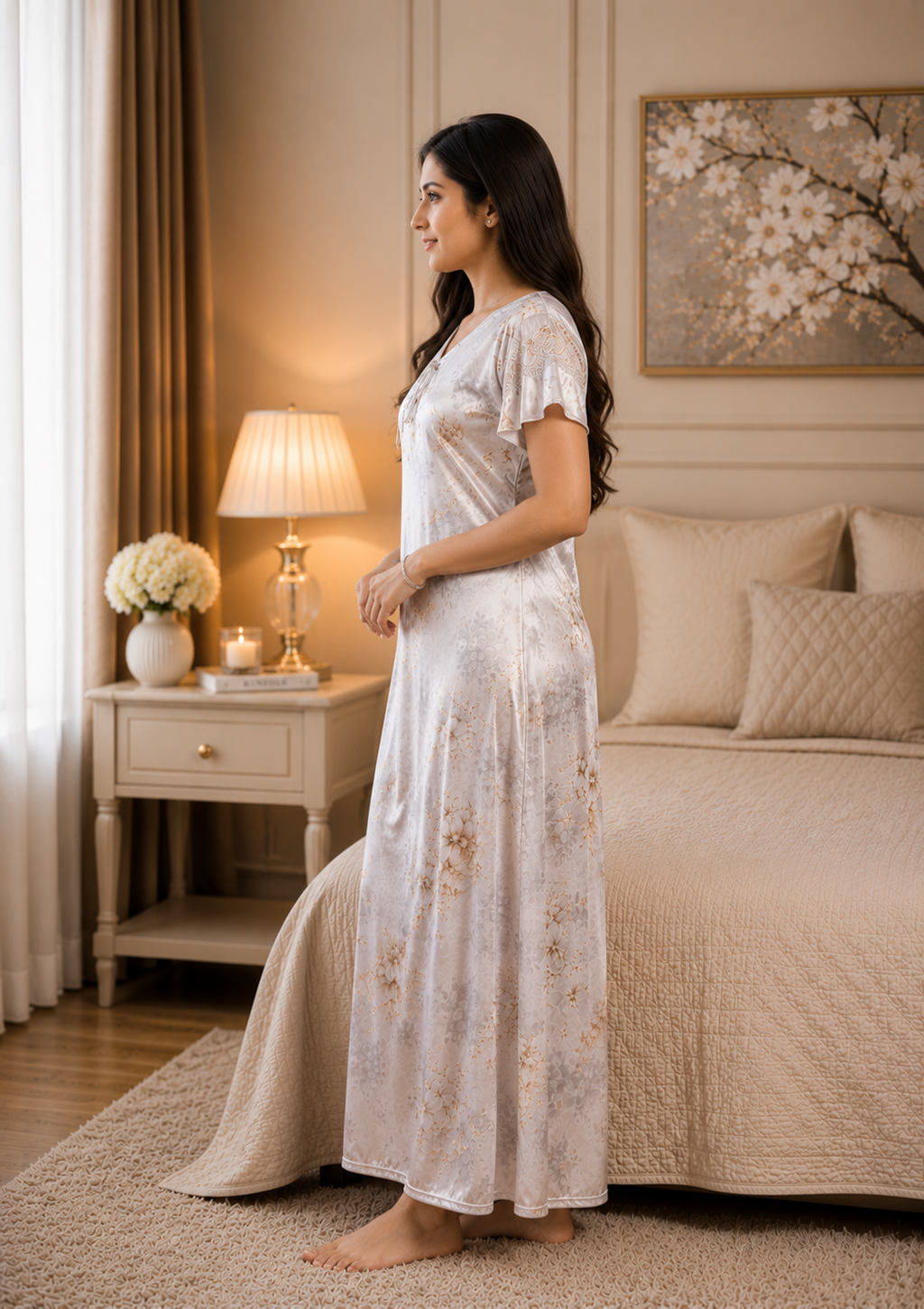 Silver Floral Satin Nightgown