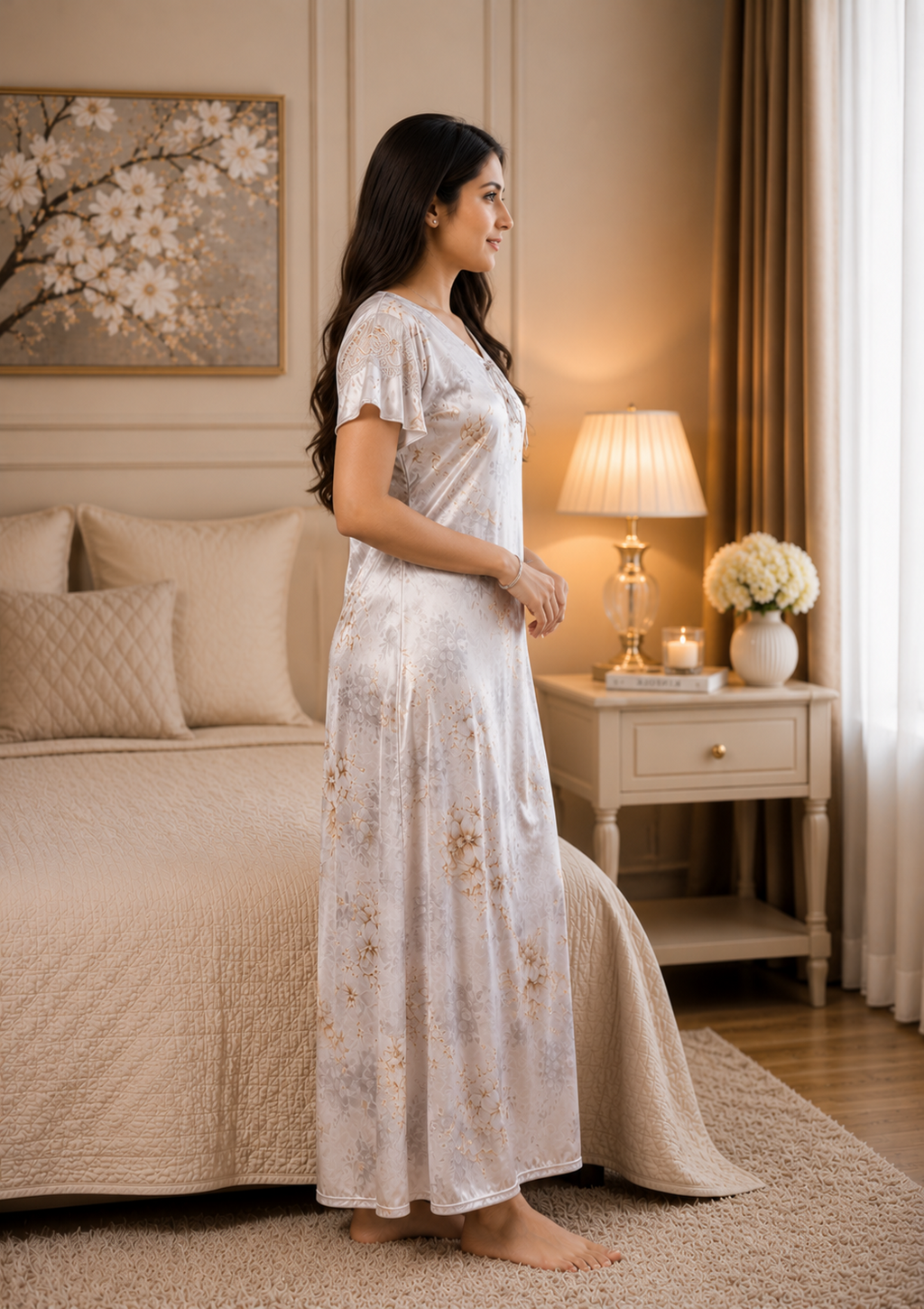 Silver Floral Satin Nightgown