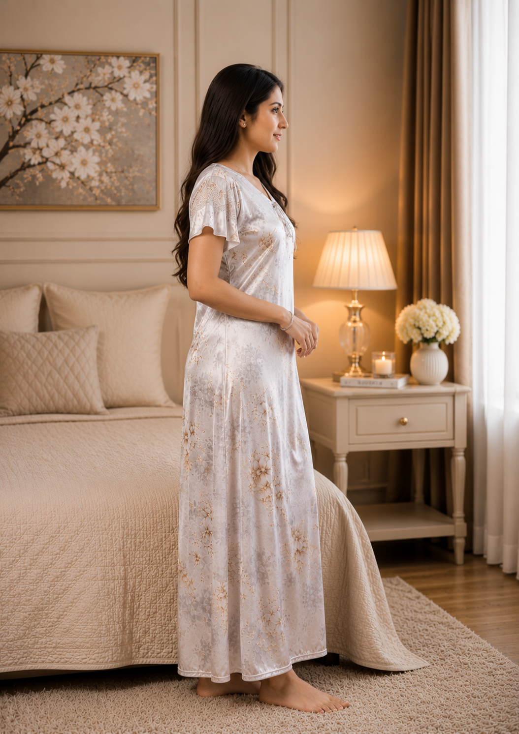 Silver Floral Satin Nightgown