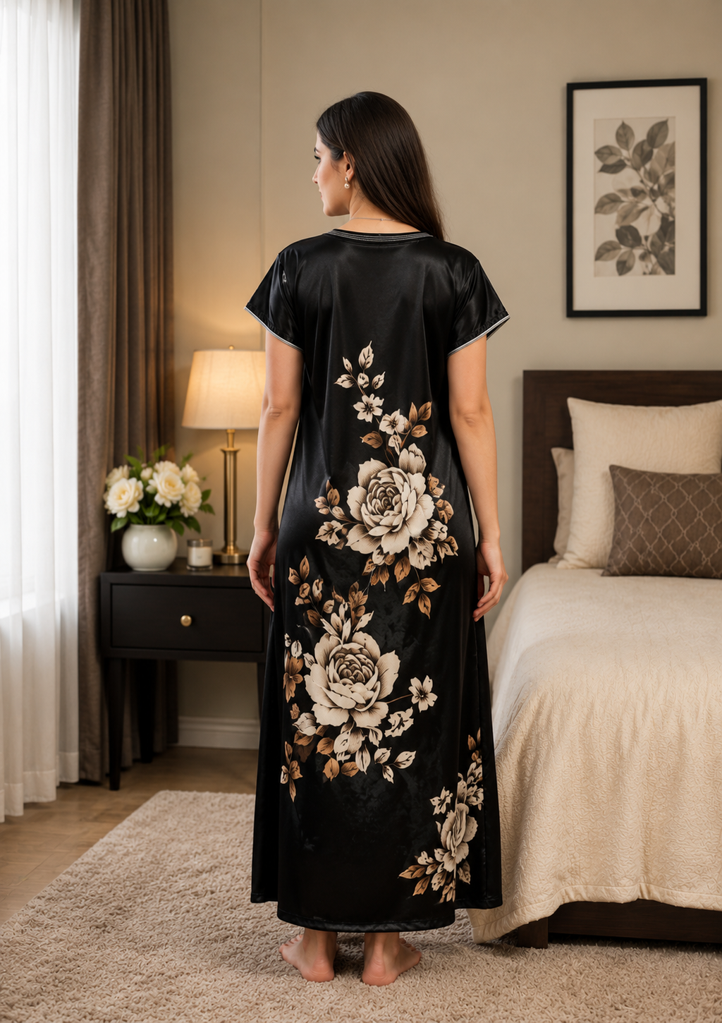 Black Rose Floral Satin Nightgown