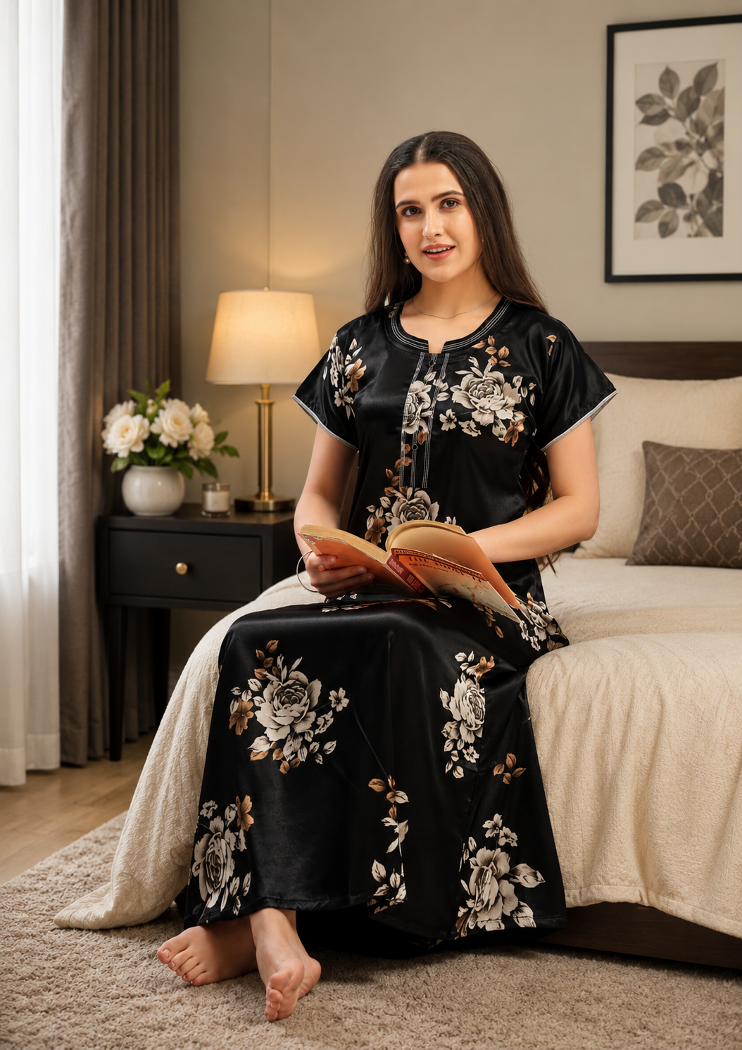 Black Rose Floral Satin Nightgown