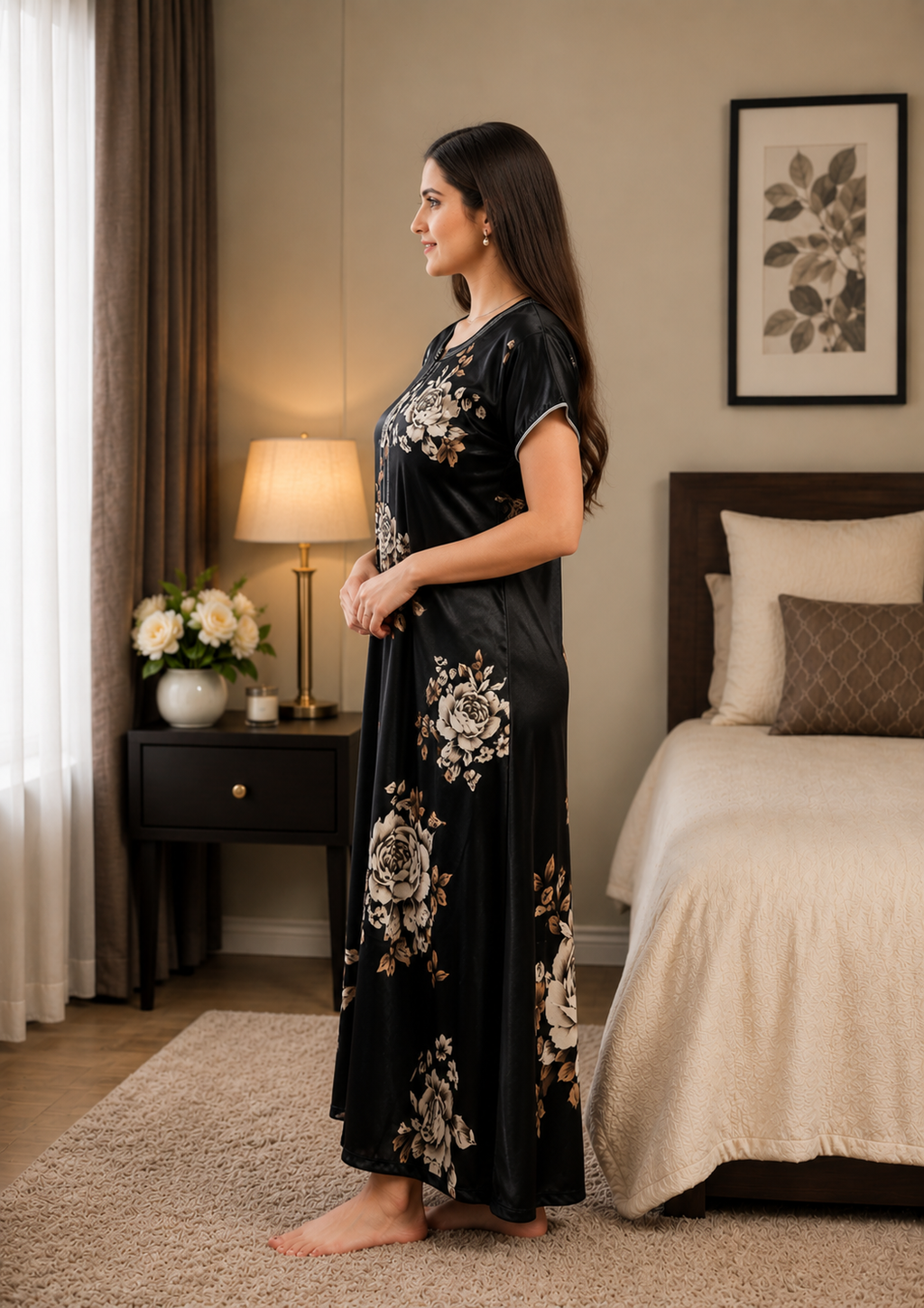Black Rose Floral Satin Nightgown