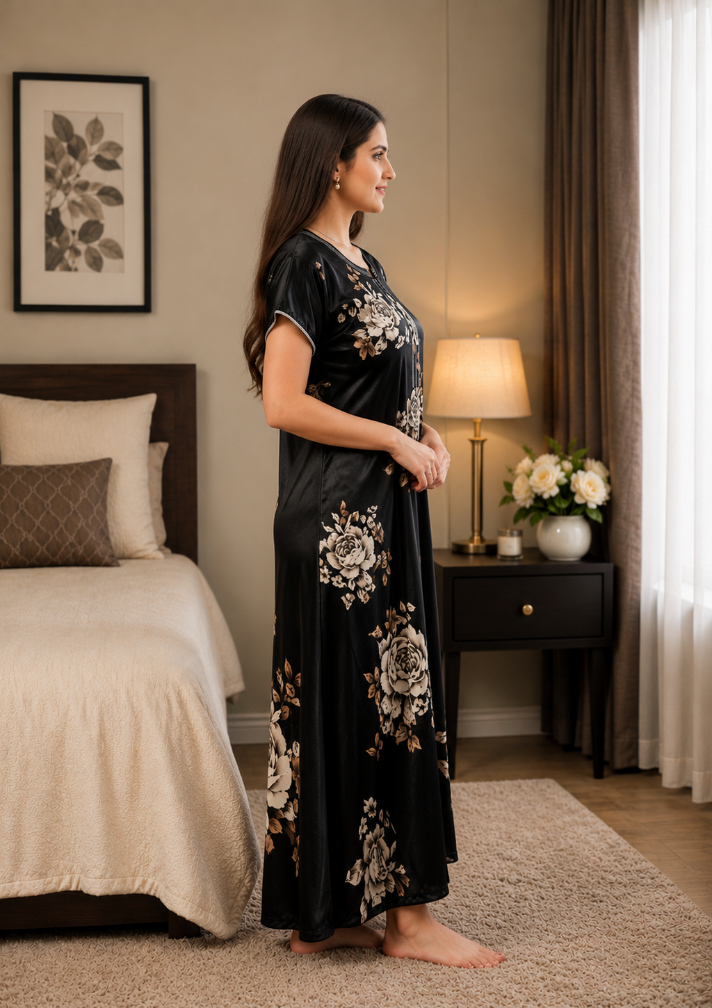 Black Rose Floral Satin Nightgown
