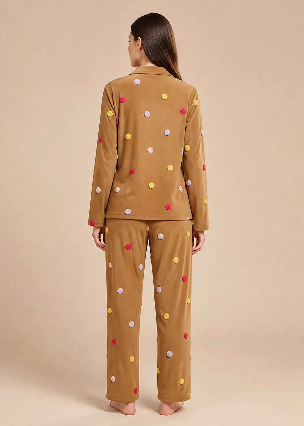 Camel Velvet Embroidery Polka Dot Winter Co-ord Set